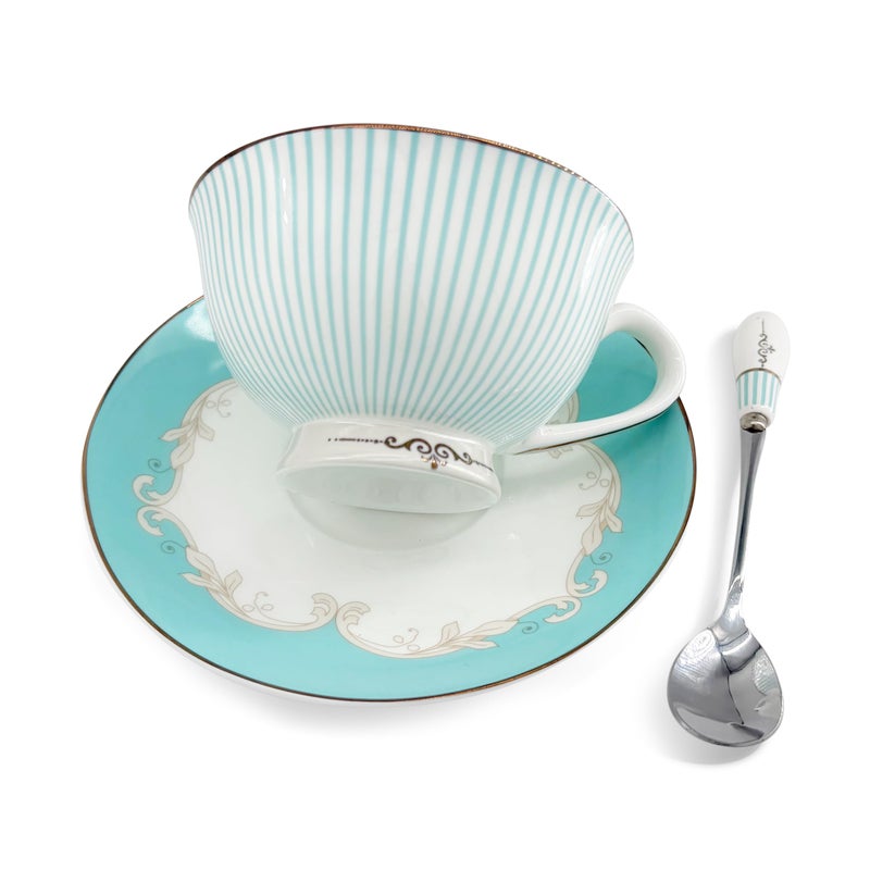Krysclove Vintage Ceramic Teacup Elegant Coffee Cup with Spoon and Saucer Set,Royal Bone China Tea Cups (Stripe) - Image 5